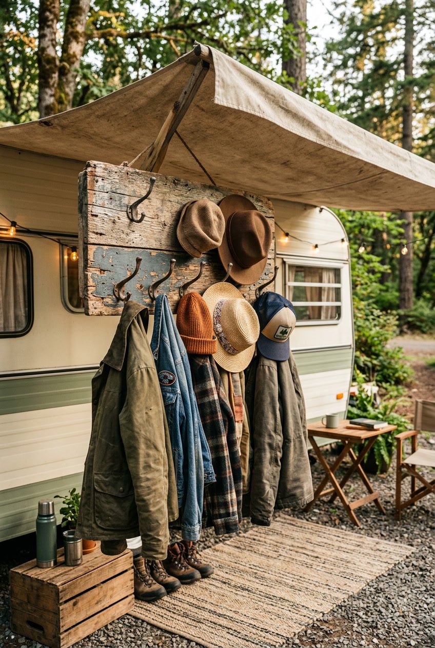 A weathered wooden coat rack holding hats and jackets under a camper's awning in an outdoor setting.