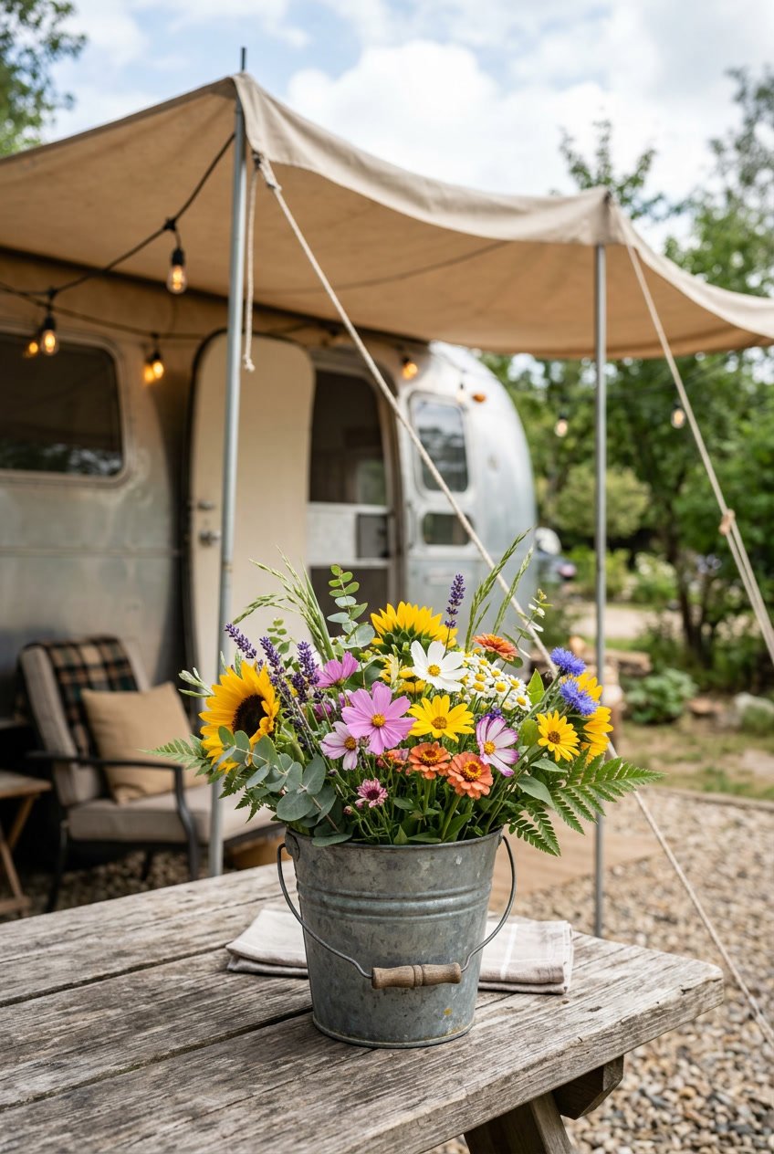 A small galvanized metal bucket filled with fresh cut flowers placed under a camper's awning outdoors.