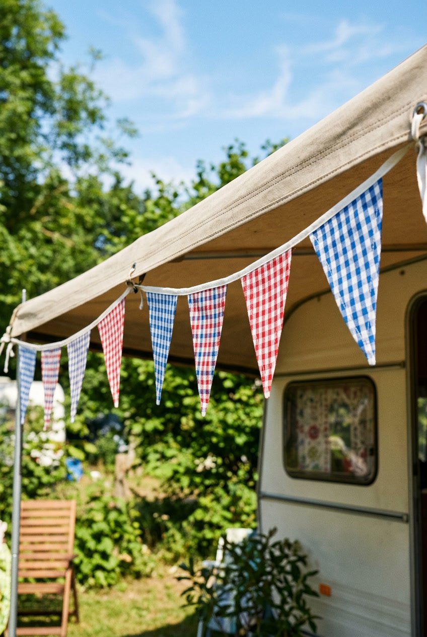 Close-up of a camper's awning edge decorated with colorful gingham fabric bunting outdoors.