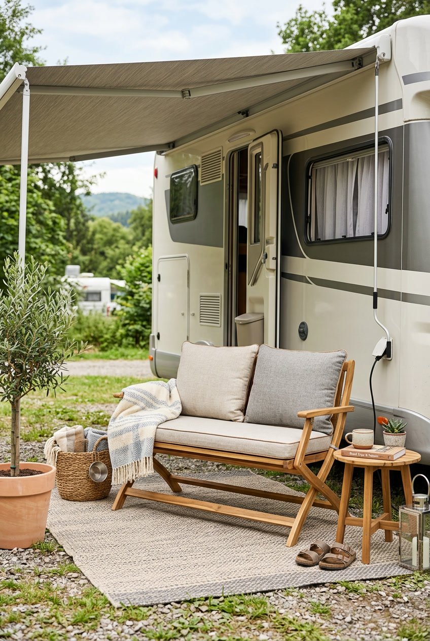 Small foldable wooden bench with cushions set up under a camper's awning outdoors.