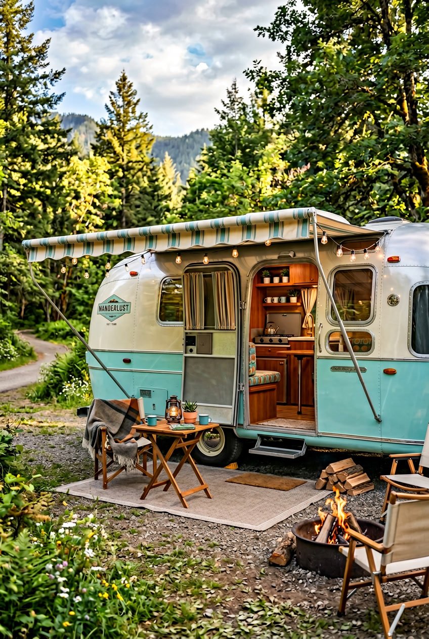 A vintage camper renovated with modern features parked outdoors surrounded by trees and camping gear.