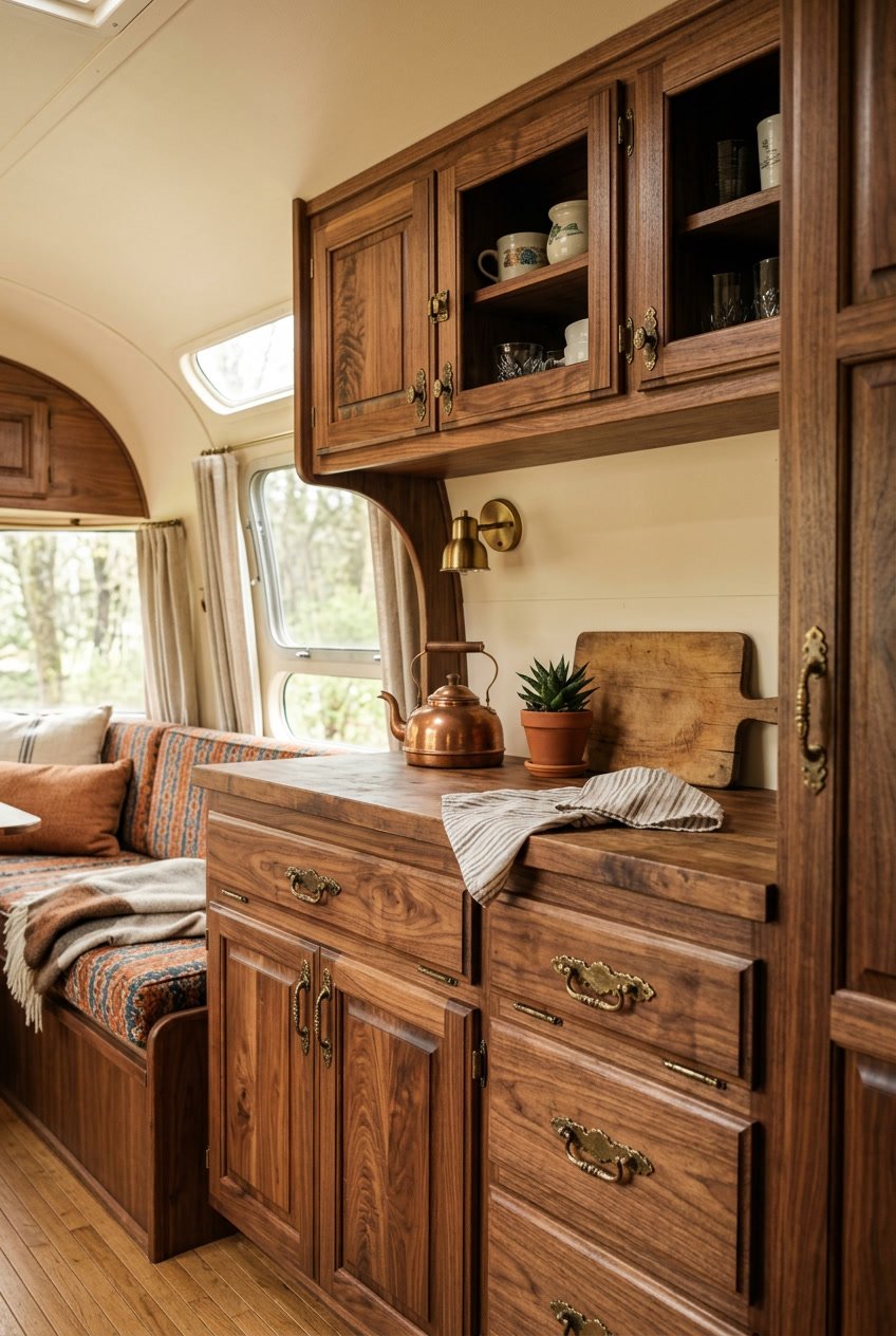 Interior of a vintage camper showing custom wood cabinets with brass handles and natural light coming through a window.