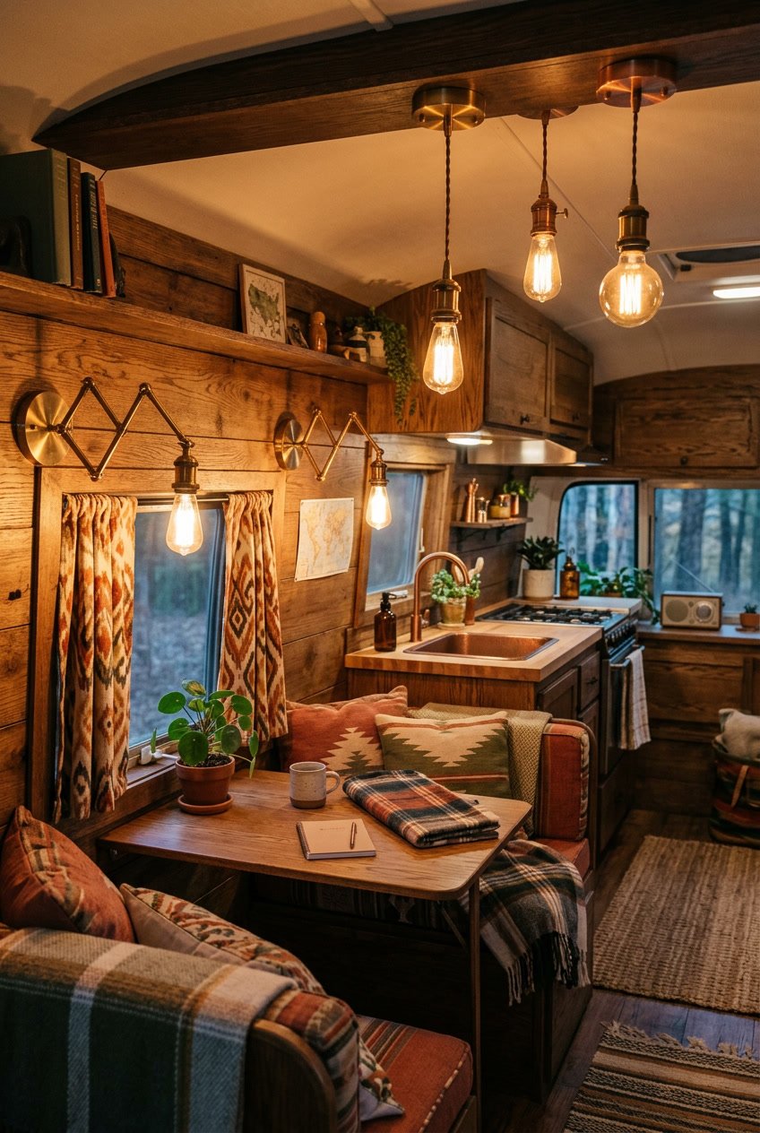 Interior view of a camper showing warm glowing vintage-style LED lighting fixtures mounted on wooden walls and ceiling, with cozy seating and decorative elements.