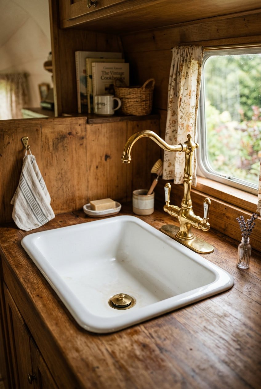 A retro enamel sink with a brass faucet inside a vintage camper kitchen.