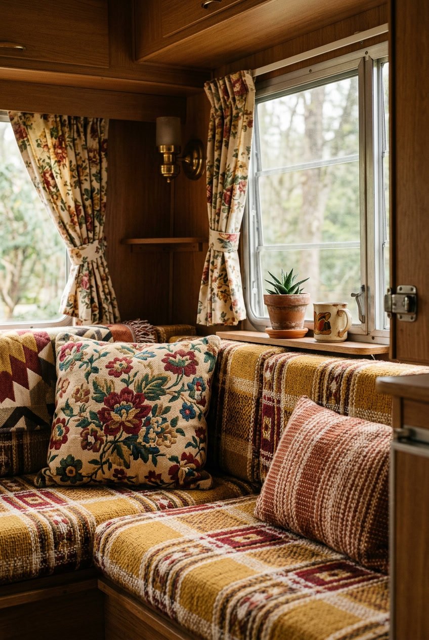 Close-up of cushions and curtains with floral and geometric patterns inside a vintage camper, with wooden paneling and natural light coming through a window.