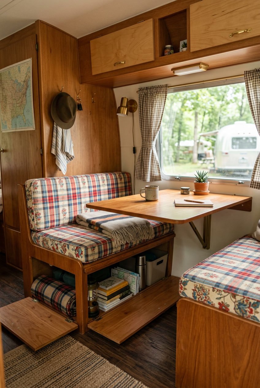 Interior of a vintage camper showing a fold-out dinette with storage compartments beneath the seats.