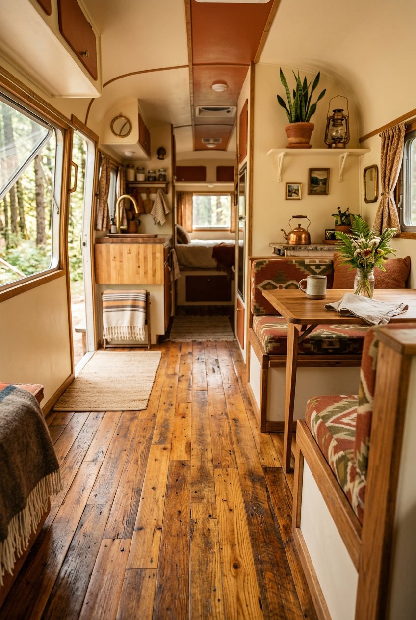 Interior of a vintage camper with reclaimed hardwood flooring, wooden furniture, and natural light coming through open windows.