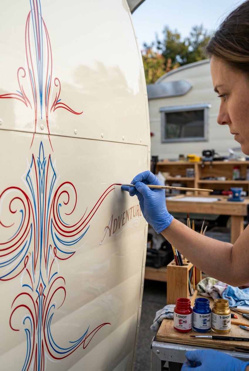Close-up of a vintage camper with hand-painted pinstriping and decals on its exterior, surrounded by painting tools in a workshop setting.