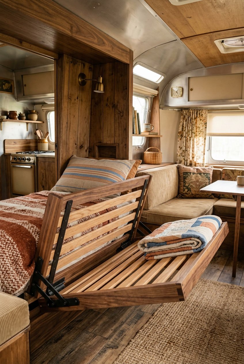 Interior of a vintage camper showing a custom-built fold-down bed frame partially extended with wooden slats and cozy surrounding details.
