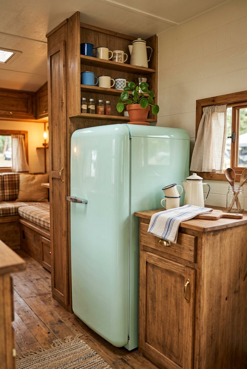 A vintage-style fridge in a camper kitchen with wooden cabinets, a countertop with kitchen items, and natural light coming through small windows.