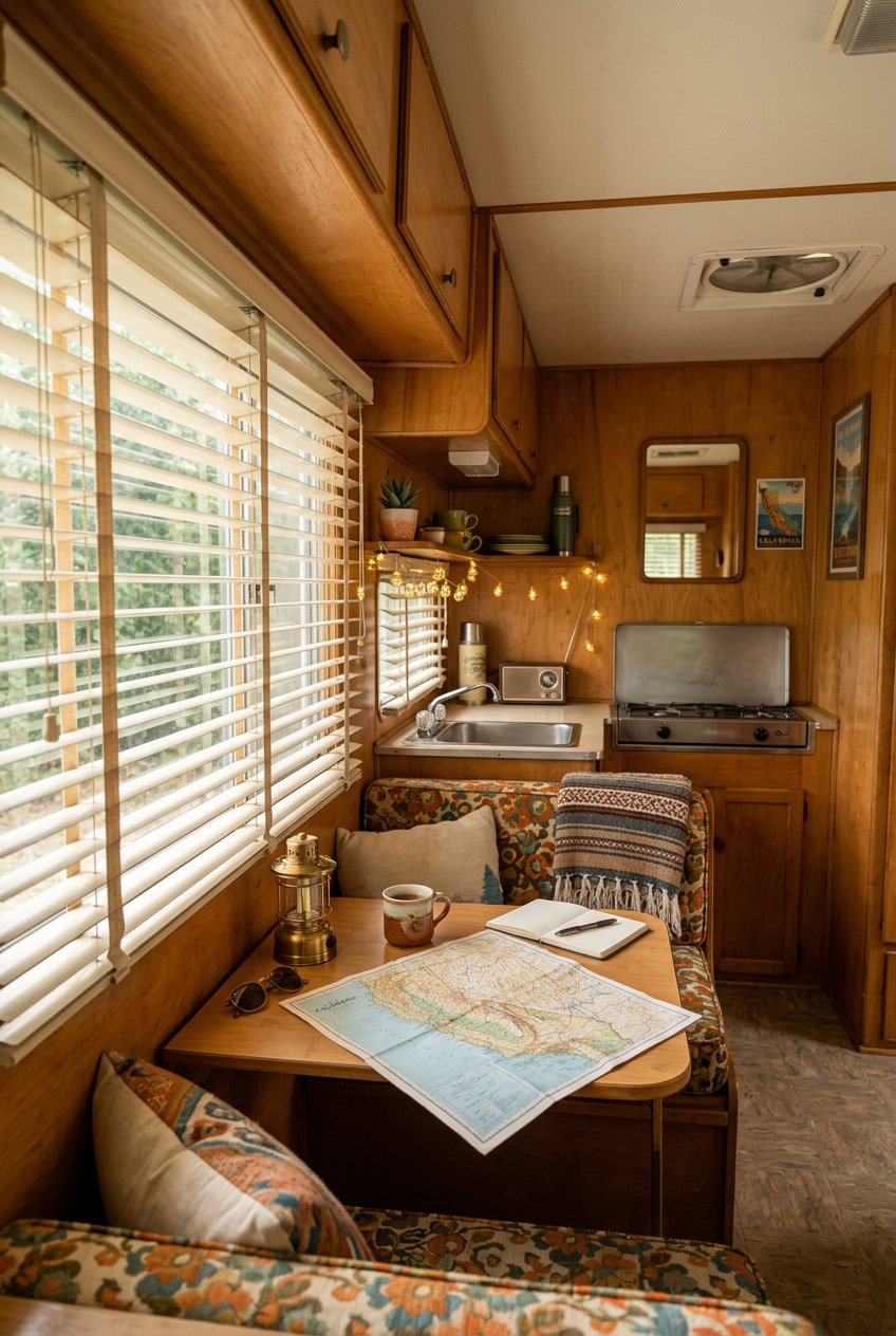 Interior of a vintage camper with original Venetian blinds on the windows, warm natural light, wooden cabinetry, and cozy seating.