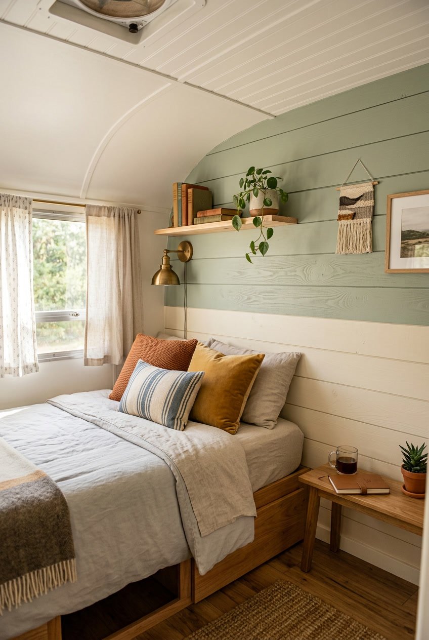 Interior of a camper with a two-tone wooden wall, a bed with pillows, a window letting in natural light, and simple decorative items.