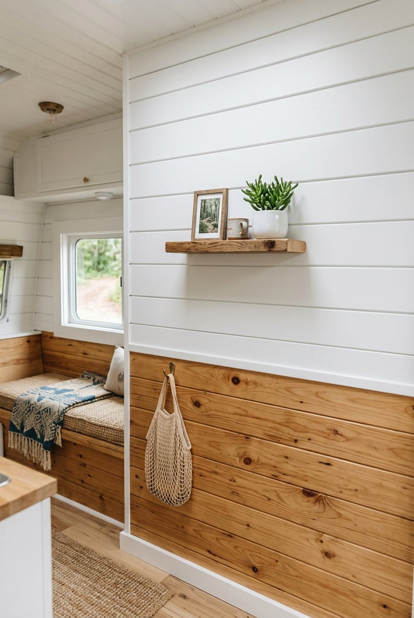 Interior wall of a camper with white and natural wood horizontal panels and a small potted plant on a shelf.