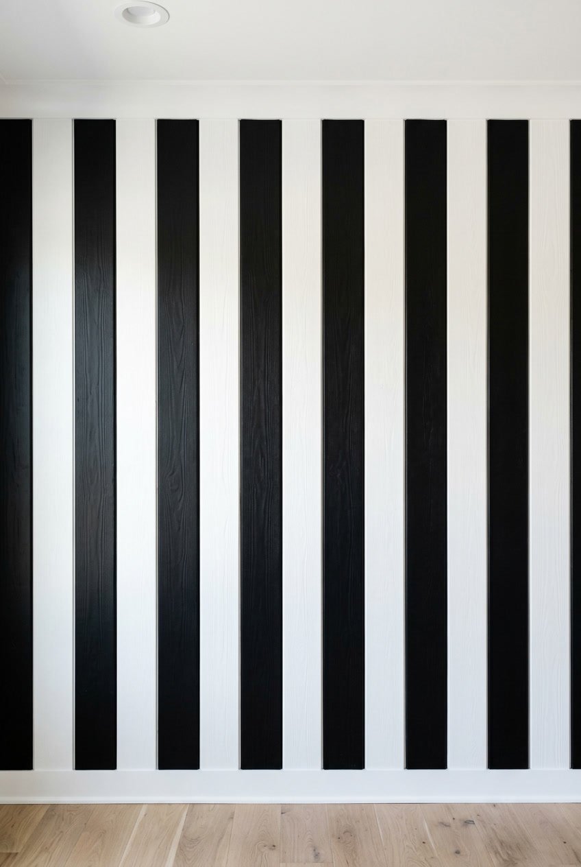 A vertical wall with alternating black and white wooden planks creating a two-tone pattern.