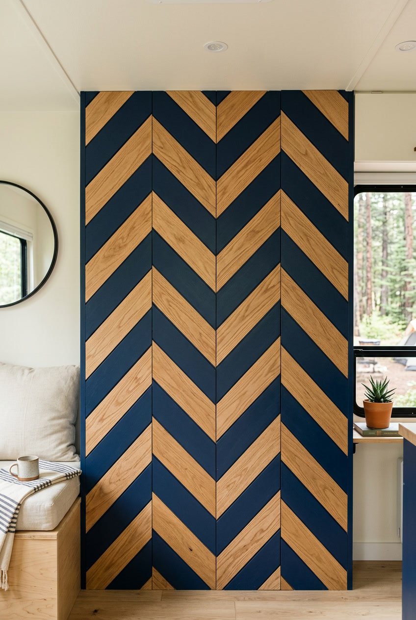 Interior wall with a chevron pattern made of navy blue and natural wood panels.