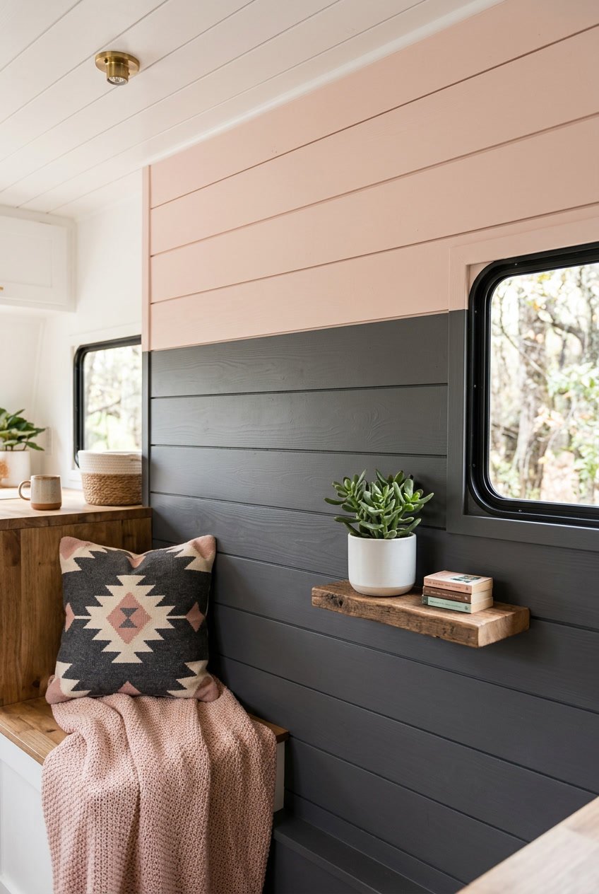 Interior camper wall with two-tone shiplap paneling in charcoal gray and soft blush pink, with a small potted plant and a throw pillow nearby.