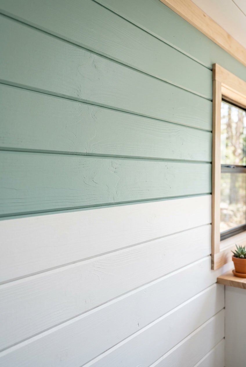 Interior camper wall with seafoam green on the top half and white on the bottom half in a two-tone shiplap design.