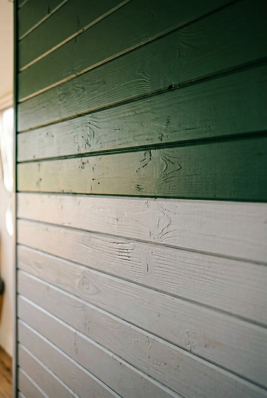 Interior camper wall with horizontal two-tone shiplap boards, forest green on top and pale gray on bottom.