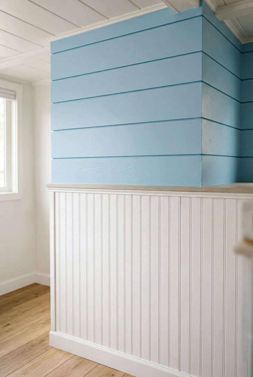 Close-up view of a camper wall with sky blue panels layered over white beadboard.