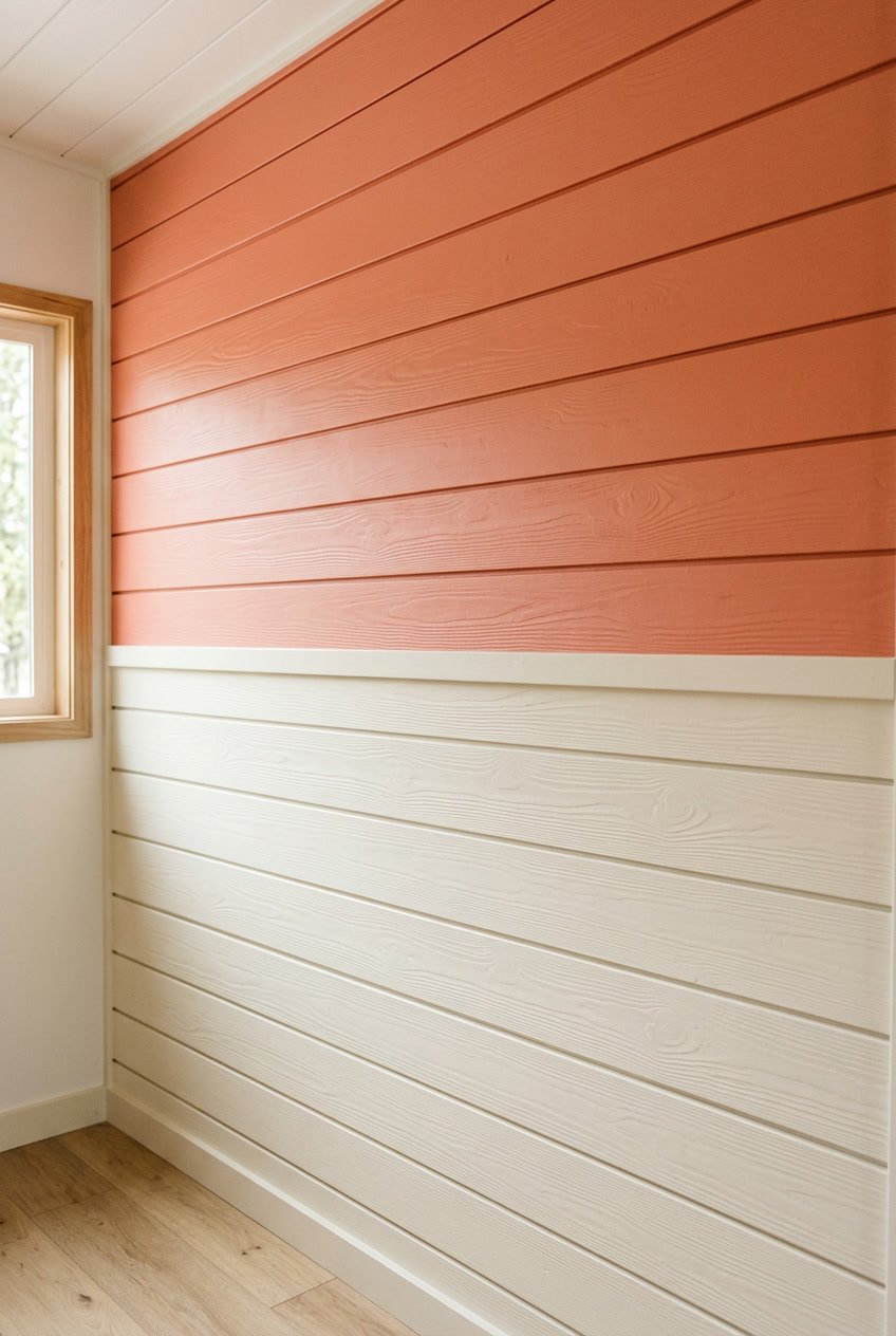 Interior wall with horizontal split of coral-colored shiplap on top and cream-colored shiplap on bottom.
