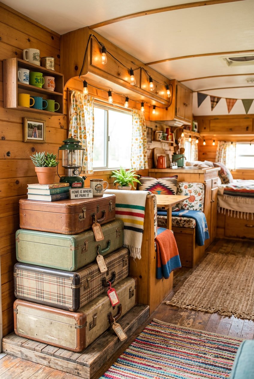 Interior of a camper with old suitcases used as storage, decorated with plants and cozy textiles.