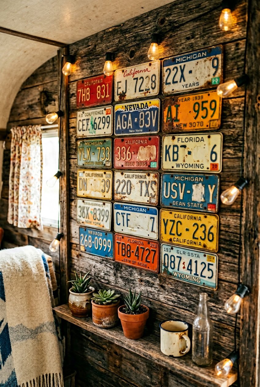 A collection of vintage camper license plates displayed on a wooden wall with small plants and string lights around them.