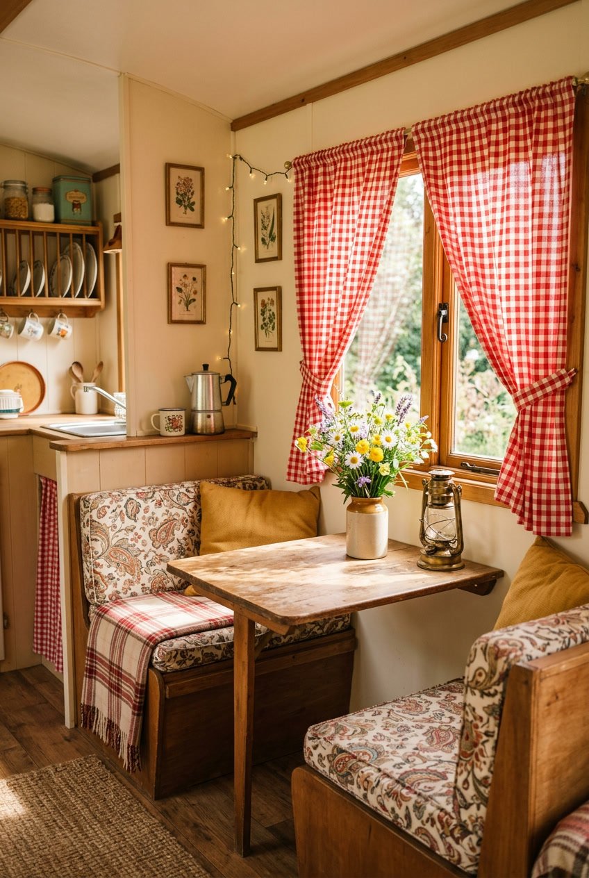 Interior of a camper with red and white checkered curtains on a window, a wooden table with flowers, and cozy decorative items.