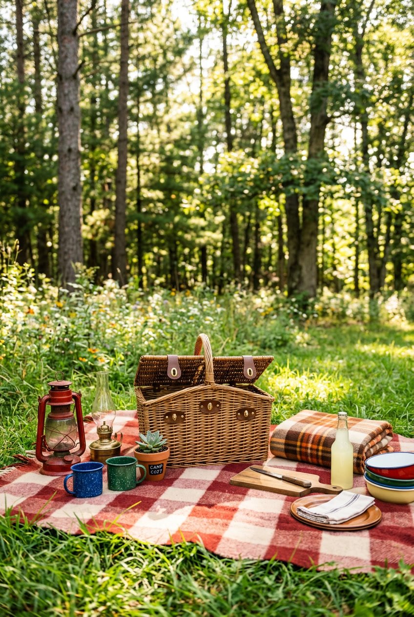 A picnic basket on a blanket outdoors surrounded by camping items and greenery.
