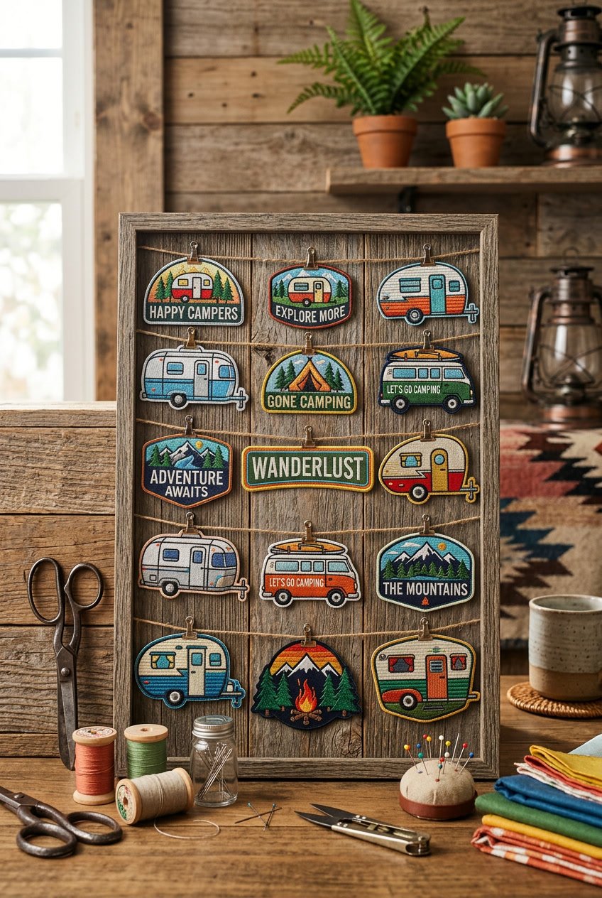A craft workspace with embroidered camper patches hanging on a wooden board, surrounded by sewing supplies and small decorative items.