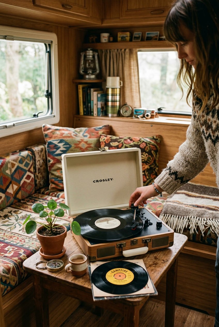 A mini vintage record player set up on a wooden table inside a camper with cushions, plants, and cozy décor around it.