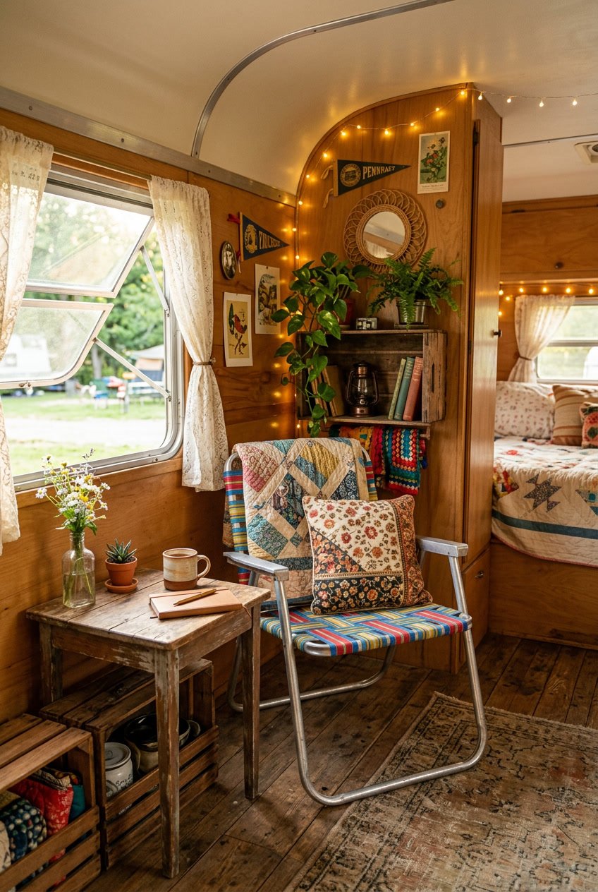 Interior of a camper featuring a retro folding chair next to a small wooden table with vintage décor and plants around.