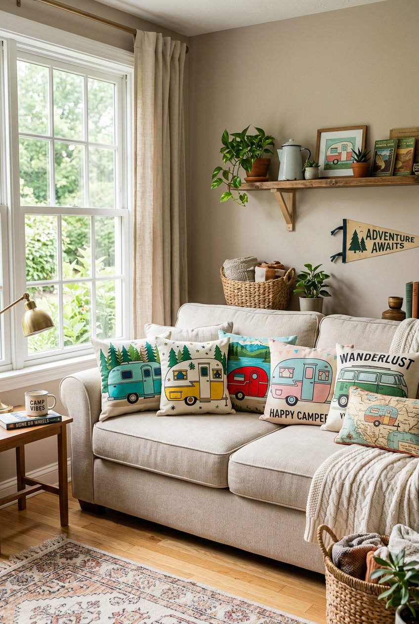A cozy living room with a sofa decorated with throw pillows featuring vintage camper designs, surrounded by rustic décor and natural light.