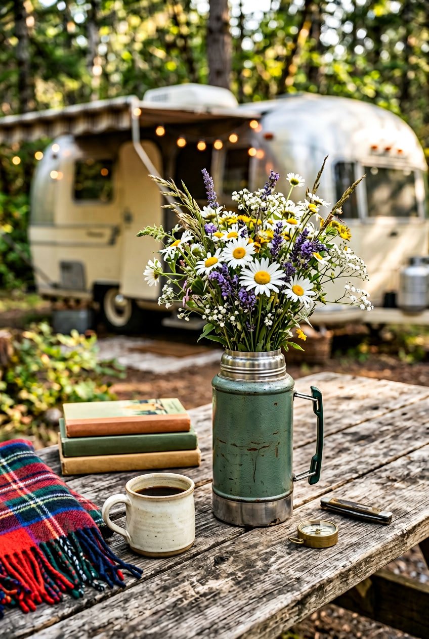 An old-fashioned metal thermos used as a vase holding wildflowers on a wooden table with a vintage camper and camping items in the background.