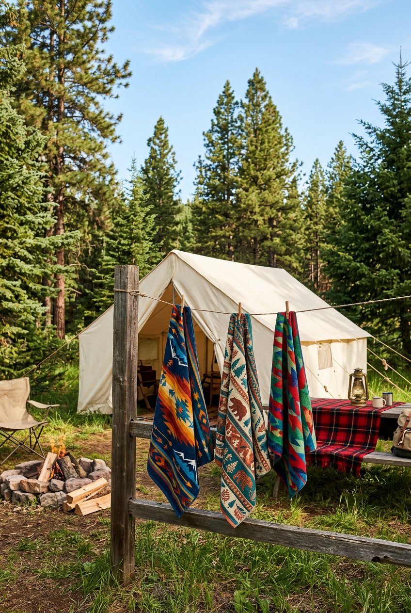 A campsite with colorful patterned towels hanging near a tent surrounded by trees and camping gear.