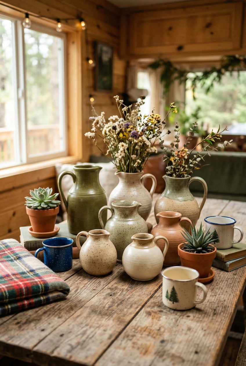 A collection of ceramic pitcher vases on a wooden table with small plants and camping decor items around them.