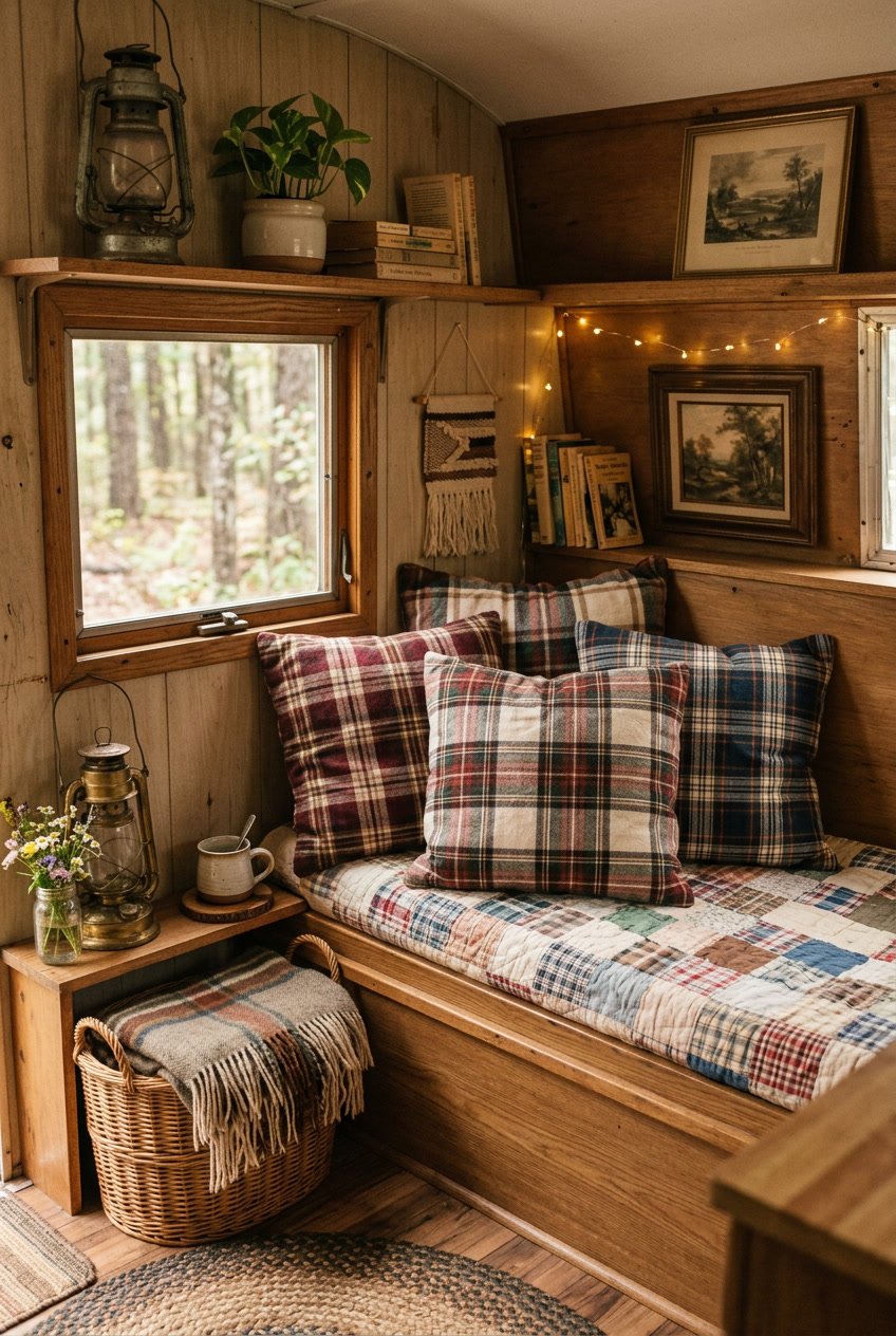 A camper interior with plaid flannel pillows on a bench surrounded by vintage lanterns, woven baskets, and a potted plant.