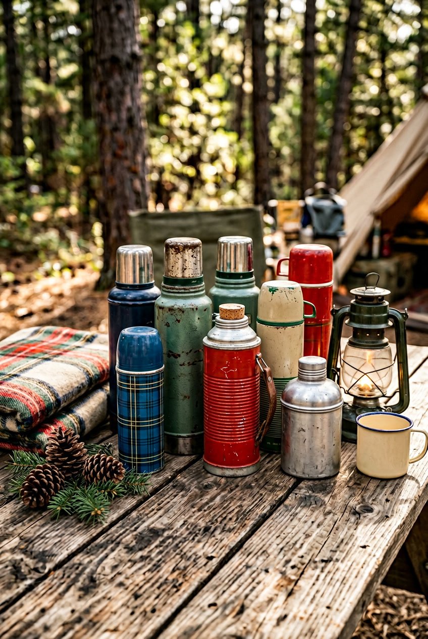 A collection of vintage metal thermos bottles displayed on a wooden table with camping décor items around them.