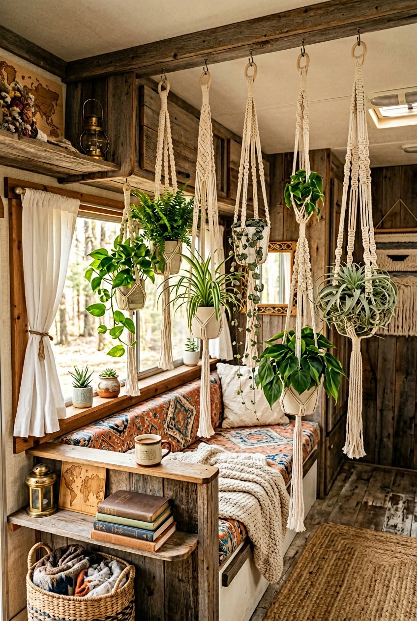 Interior of a camper decorated with hanging green plants in macrame holders and rustic thrift store items.
