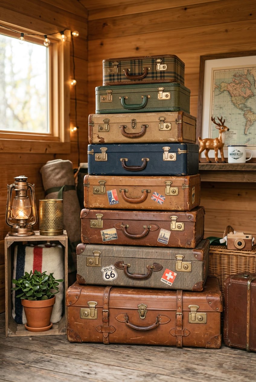 Stacked vintage suitcases with camper décor items like plants and lanterns arranged on a wooden surface.
