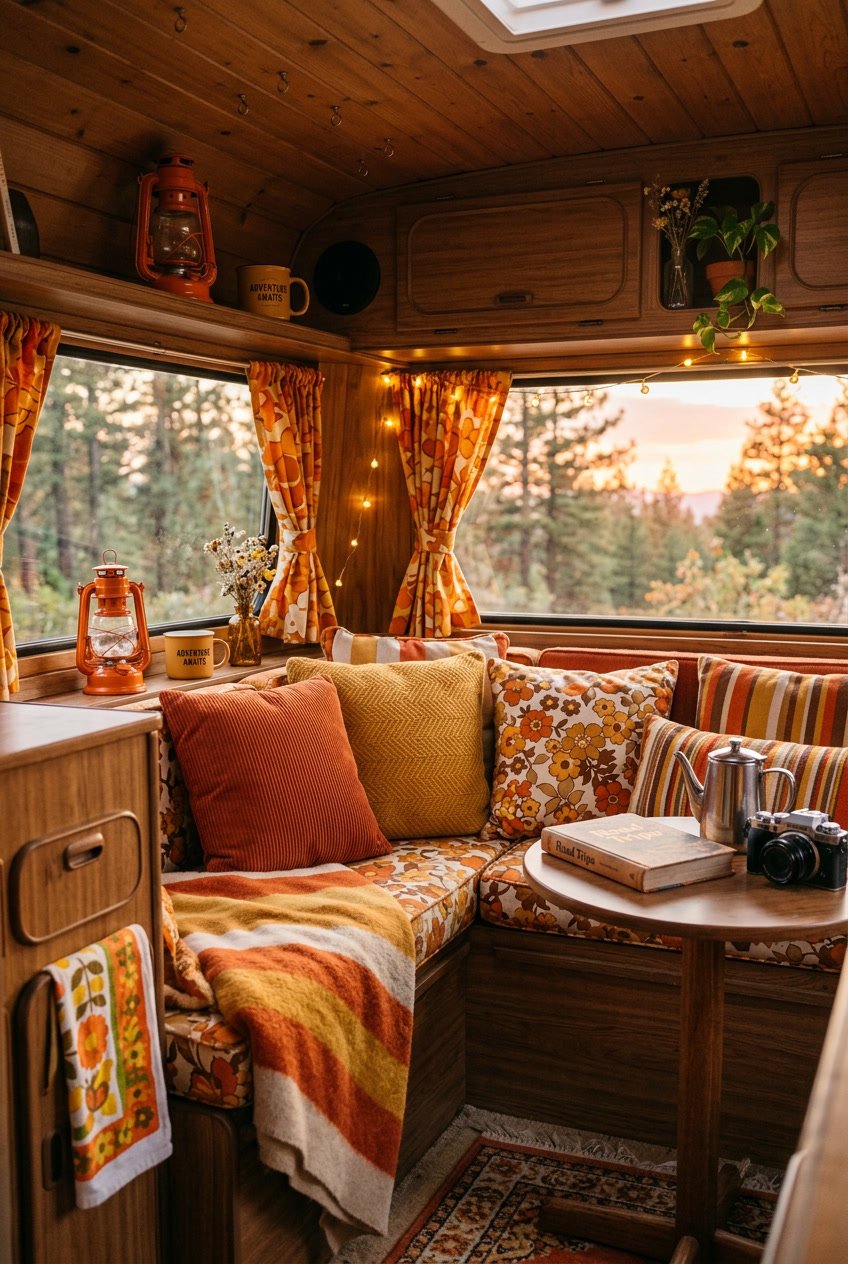 Cozy camper interior decorated with orange and yellow cushions and curtains, parked outdoors during sunset.