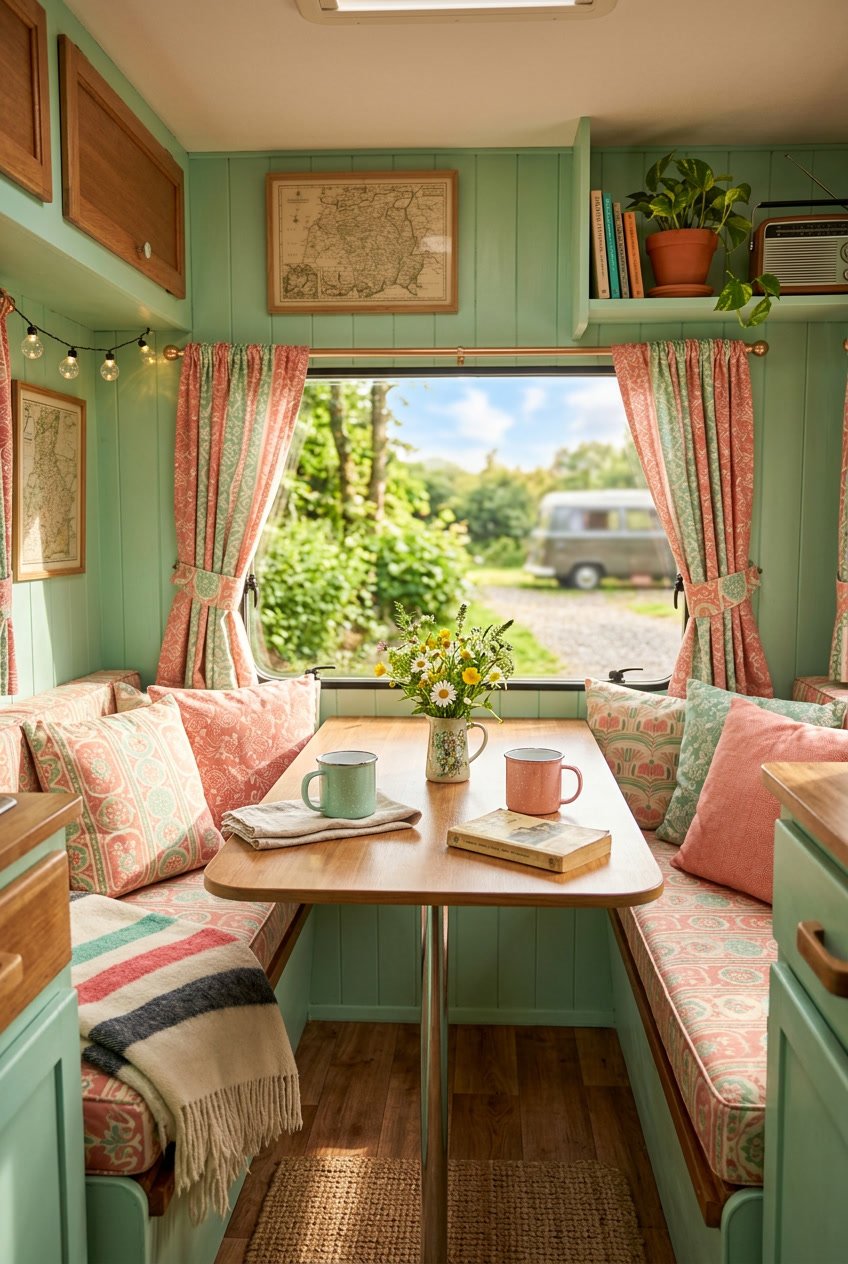 A cozy camper interior with mint green walls and coral pink cushions, a small wooden table with mugs and flowers, and a sunny outdoor campsite visible through the windows.