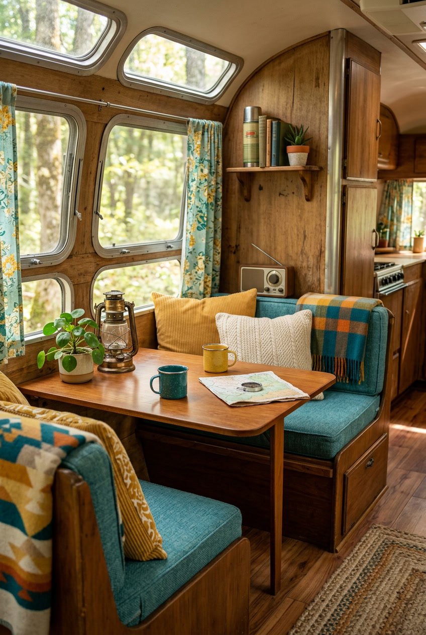 Cozy camper interior with teal cushions and goldenrod pillows, wooden surfaces, and decorative camping items.