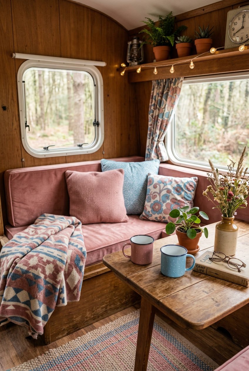 Cozy camper interior with dusty rose and sky blue cushions, vintage camping accessories, and natural light through a window.