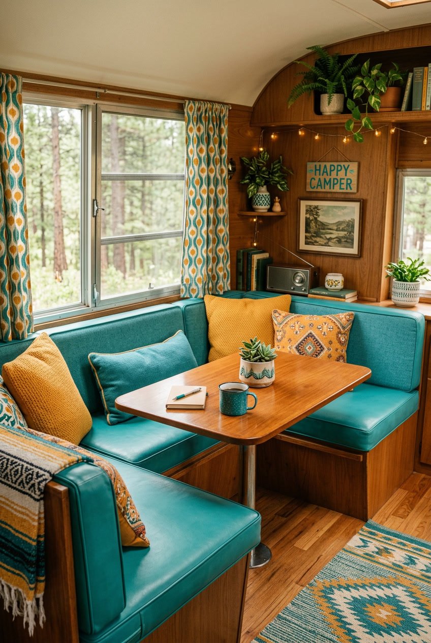 Interior of a camper decorated with teal cushions and marigold accents, featuring wooden surfaces and small plants.