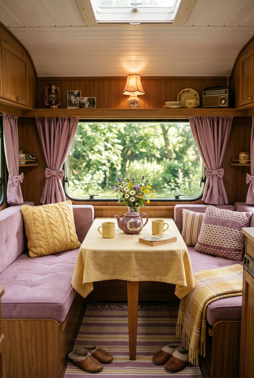 Interior of a vintage camper decorated with soft mauve and butter yellow cushions and curtains, with greenery visible through the windows.