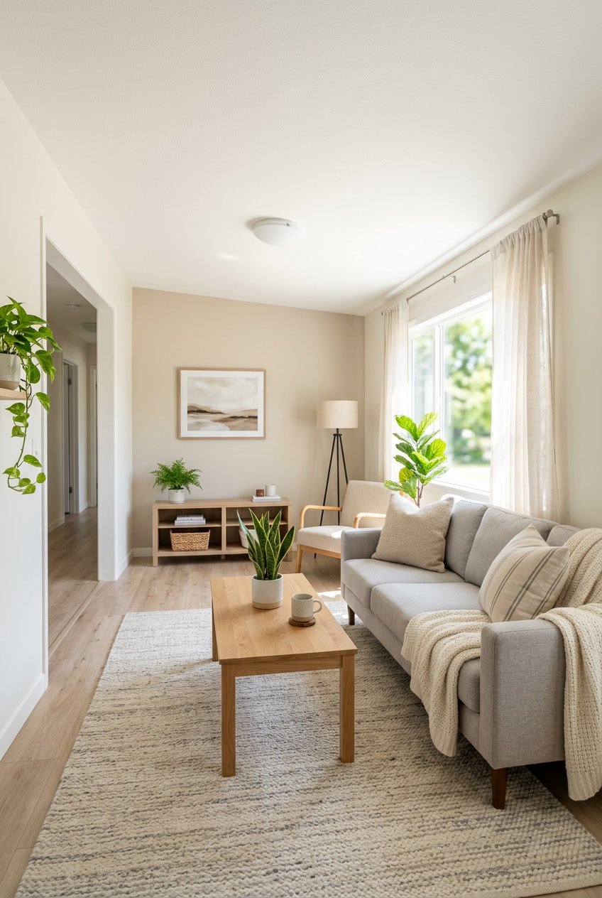 A bright and inviting mobile home living room with light neutral walls, simple furniture, plants, and natural sunlight filling the space.