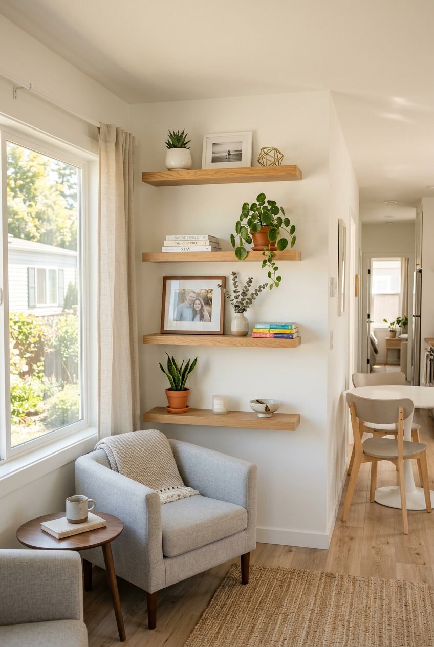 Interior of a singlewide mobile home with floating shelves displaying plants, photos, and decor items on a white wall next to a window.