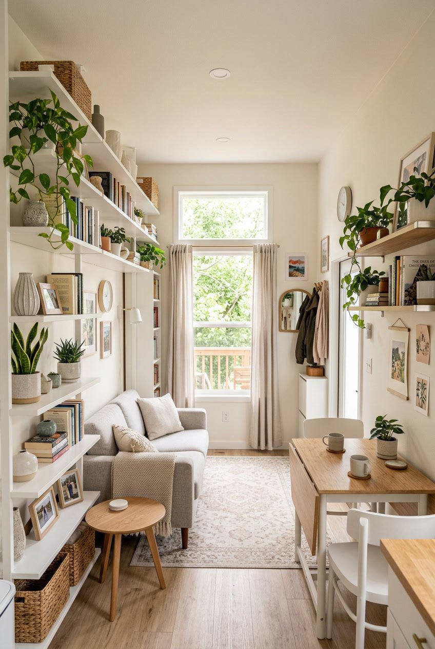 Interior of a small mobile home with tall shelving units and organized decor to maximize space.