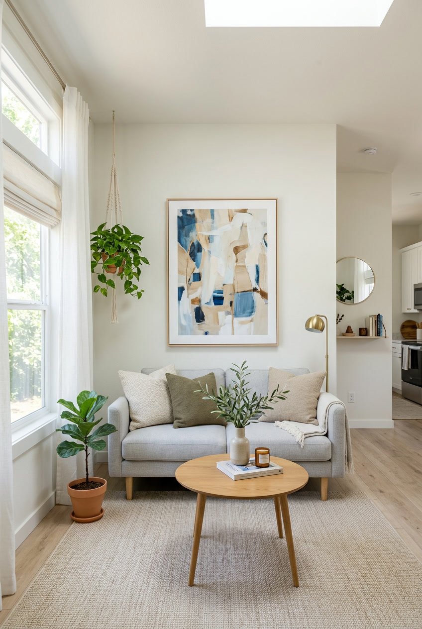 Interior of a singlewide mobile home living room with artwork hung at eye level on the wall, featuring a sofa, coffee table, and plants.