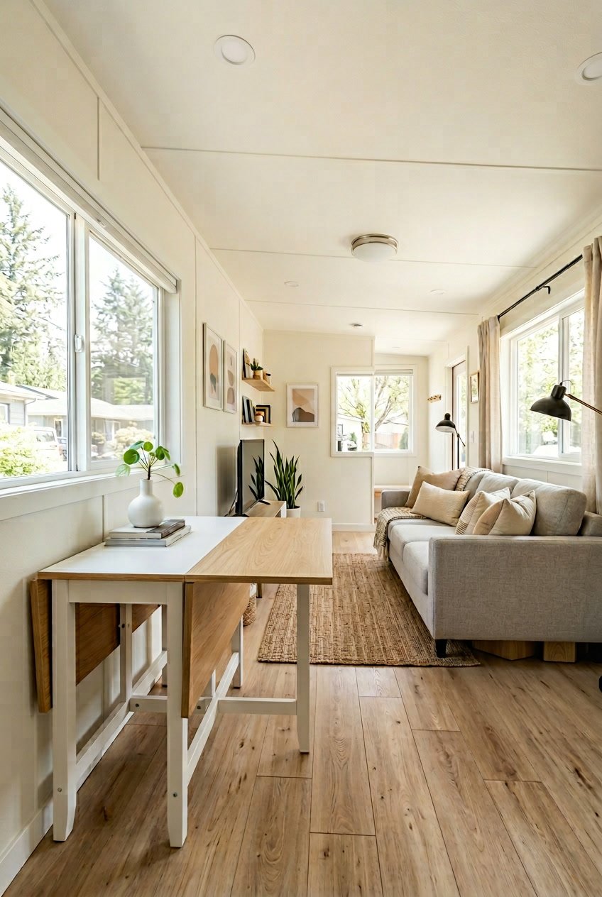 Interior of a singlewide mobile home with foldable and nesting tables arranged to maximize open space, featuring natural light and cozy seating.